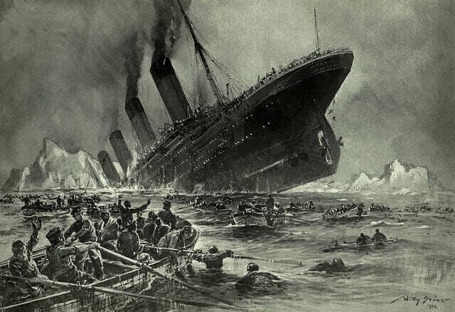 The sinking of the Titanic as depicted in Untergang der Titanic (translation: "Sinking of the Titanic"), a 1912 illustration. Photo: Willy Stower, Wikimedia Commons
