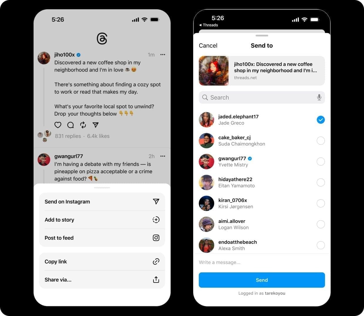 An example of how Threads is integrated into your Instagram account. From Threads, you can directly send notes and messages to your contacts on Instagram. Photo: Meta