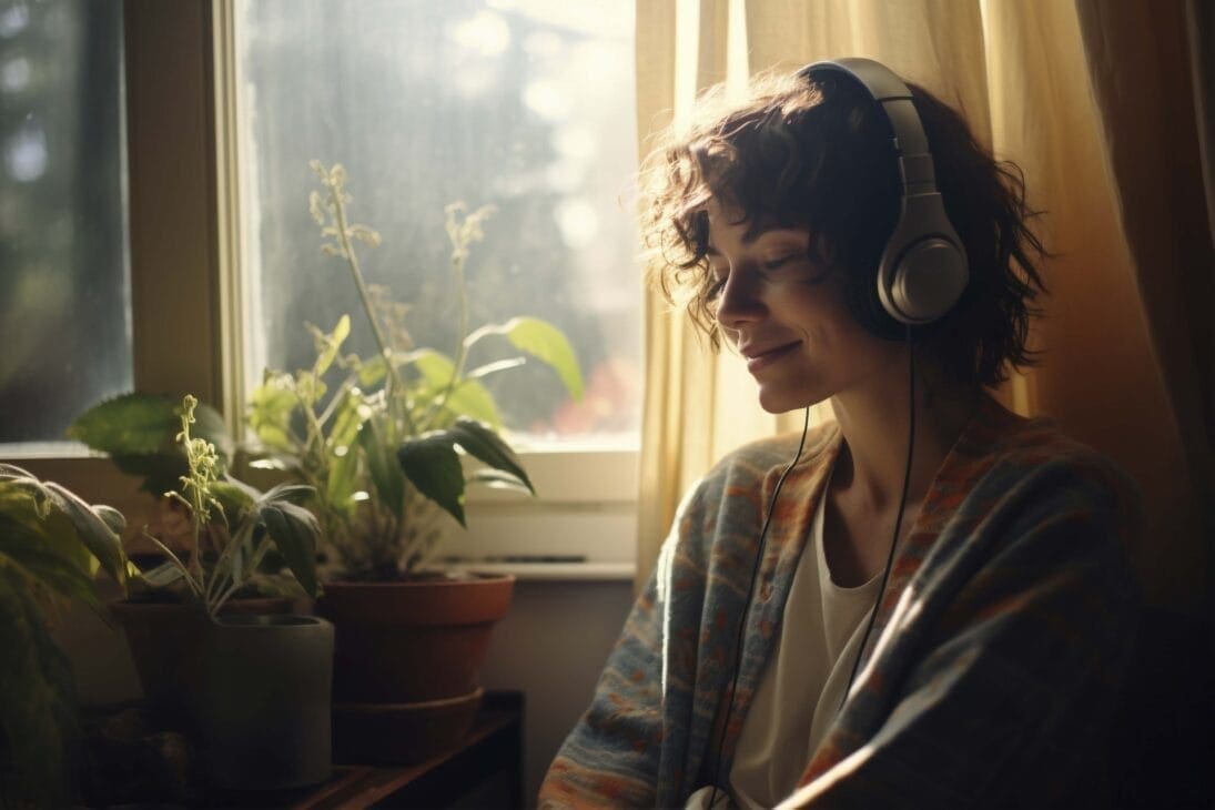 Woman visualizing success in a calm, mindful environment