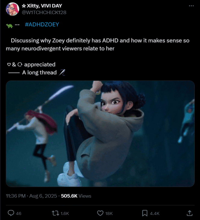 Screenshot of a post from X where the user claims that the featured animated character has ADHD.