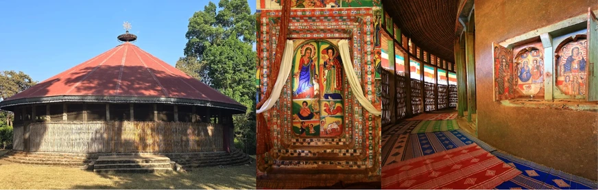 Split image of Ura Kidane Mehret Monastery, Lake Tana: left shows the circular, hut-like exterior, center shows colorful murals of saints, and the right highlights the prayer hall interior.