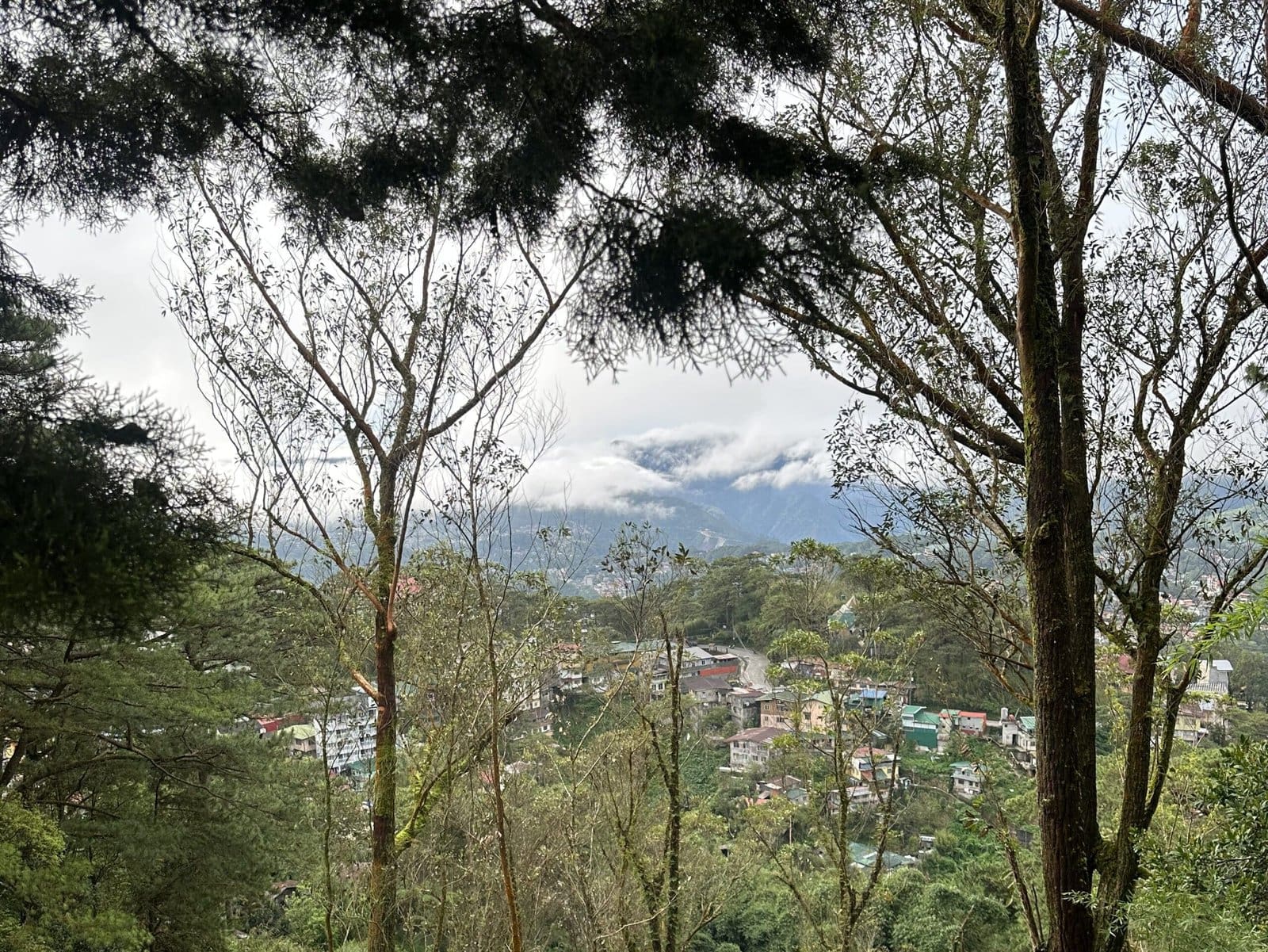 Panoramic view of Baguio City from an elevated viewpoint, showing layered mountain hills and pine-covered slopes